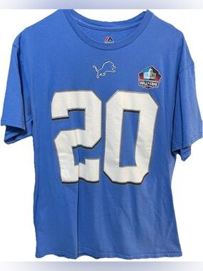 Detroit Lions Barry Sanders #20 HOF Canton Majestic Tee Shirt Jersey Blue sz L